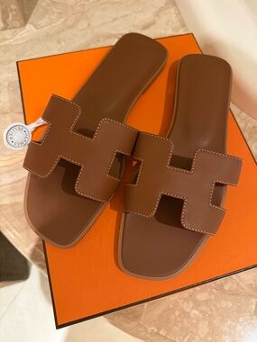 Hermes Brown Oran Slide Sandals